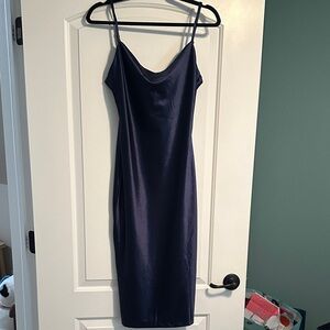 Satin Slip Midi Dress - Navy Blue